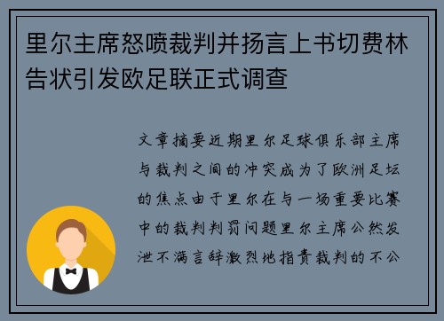 里尔主席怒喷裁判并扬言上书切费林告状引发欧足联正式调查